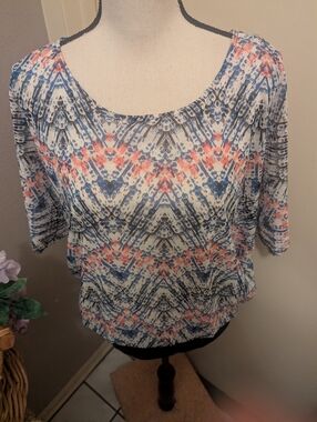 AB Studio womens Blue White Coral Patterned Scoop Neck Top.